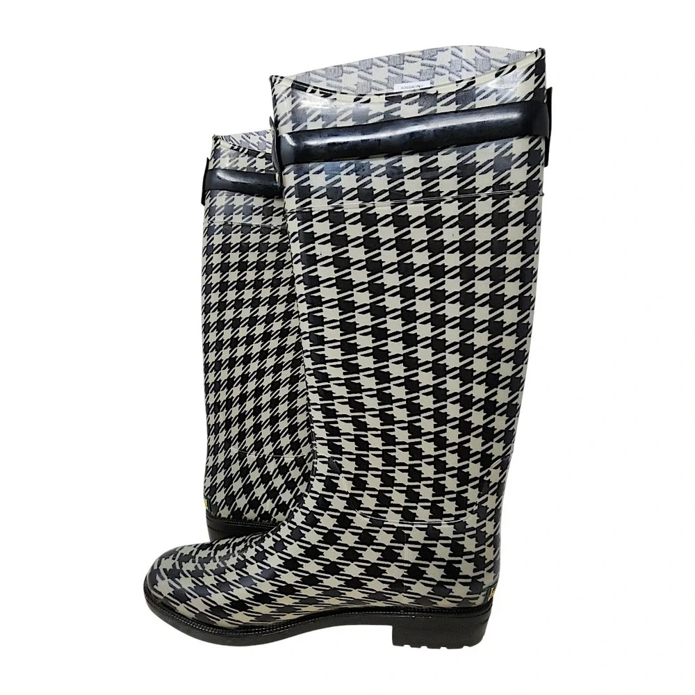 Lauren Ralph Lauren Rain Boots 10 Wom Rossalyn II Black Houndstooth Buckle Tall